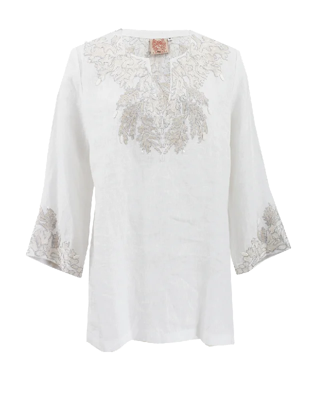 Embroidered Linen Tunic With Pearls