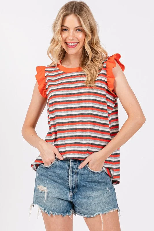 Ces Femme Striped Round Neck Ruffled Cap Sleeve Top