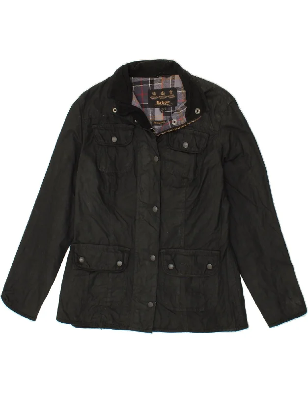 BARBOUR Womens Waxed Cotton Jacket UK 12 Medium Black Cotton