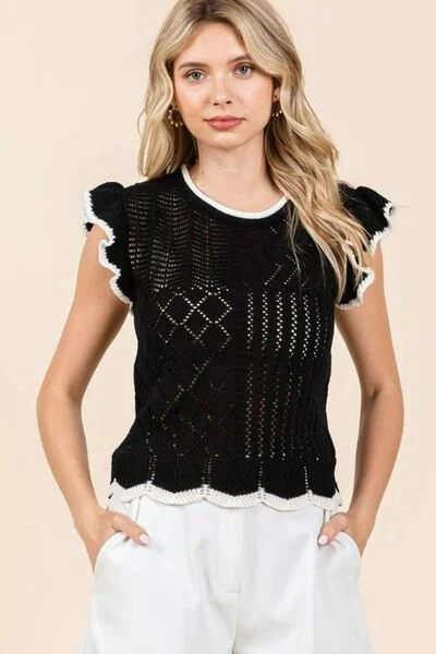 Mittoshop Openwork Contrast Trim Ruffled Cap Sleeve Knit Top