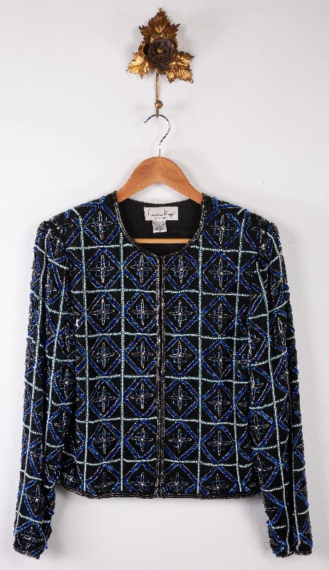 Laurence Kazar Beaded Jacket Black with Blue beading 100% Silk Size M