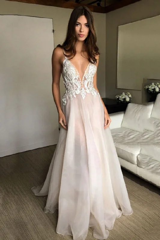 Deep V-neck Spaghetti Straps Lace Appliqued Beach Wedding Dress