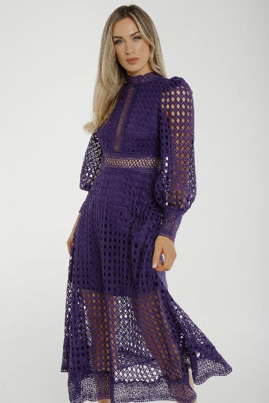 Holly High Neck Embroidered Dress In Purple