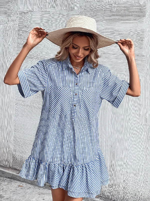 Striped Button Front Short Sleeve Collar Flounce Drop Waist Short Dress