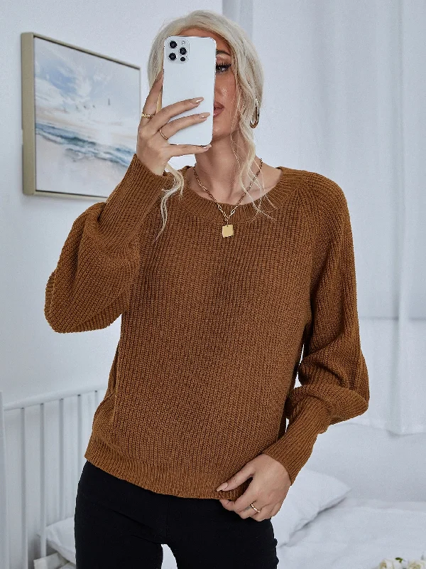 Casual Plain Rib-Knit Long Sleeve Round Neck Regular Women Sweater