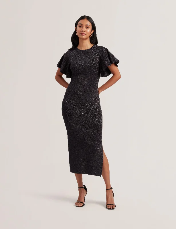 Adilade Fluted Sleeve Lurex Bodycon Midi Dress Navy