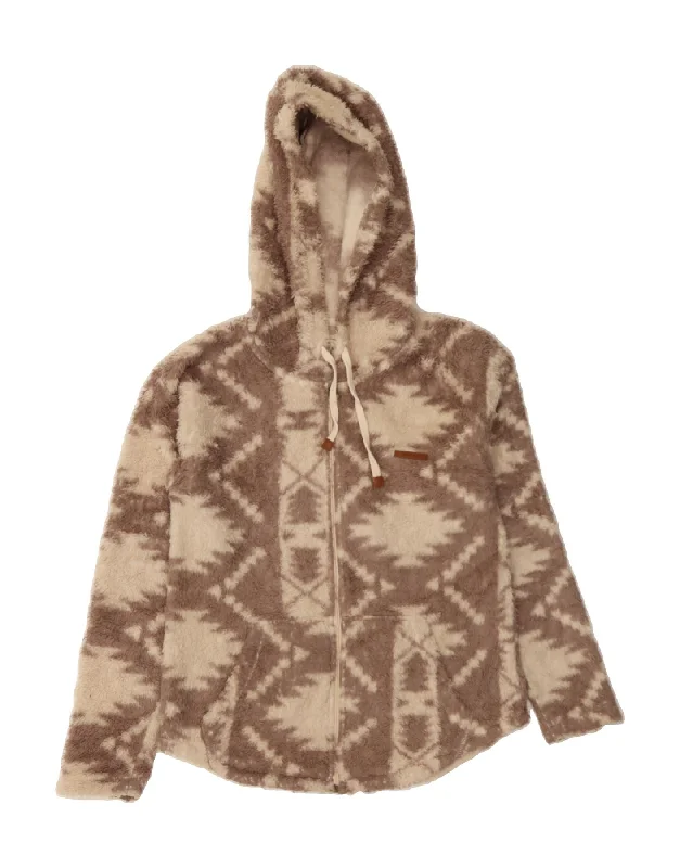 BILLABONG Womens Hooded Fleece Jacket UK 10 Small Beige Fair Isle Aztec