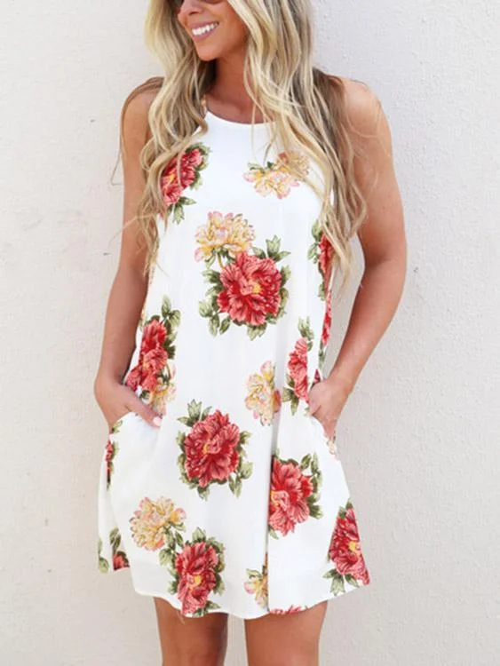 Wholesale White Round Neck Floral Print Mini Dress