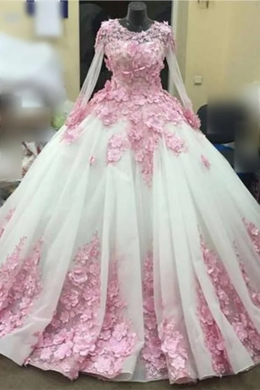 Ball Gown New Style Long Sleeve Tulle Prom with Pink Flowers Ivory Wedding Dress