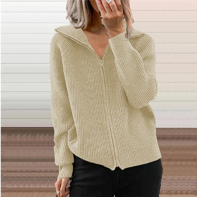 Loose Long Sleeve Lapel Knit Zipper Cardigan Wholesale Womens Clothing