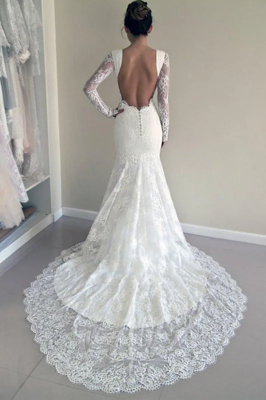 Long Sleeves Open Back Lace with Train Mermaid Beach Wedding Dress