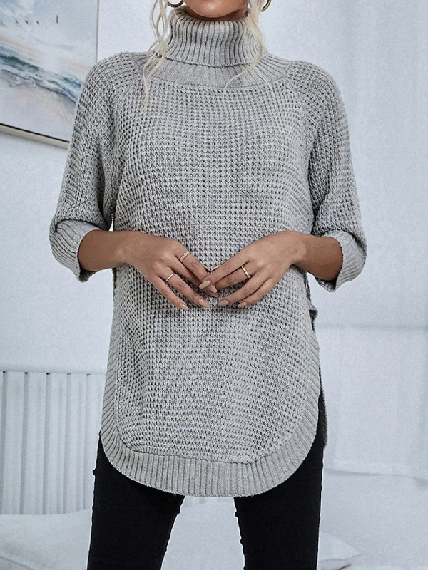 Casual Plain Rib-Knit Long Sleeve Funnel Neck Semi-Sheer Asymmetrical Long Women Sweater