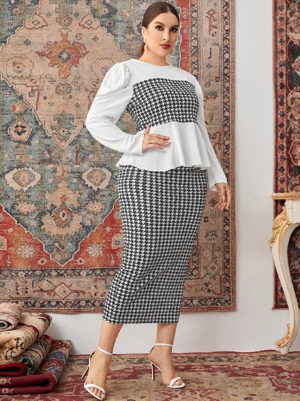 Houndstooth Zipper Long Sleeve Round Neck Plus Size Co-Ords