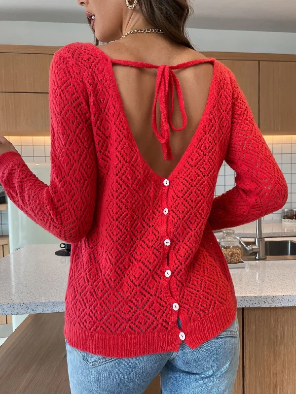 Sexy Plain Tie Back Long Sleeve V Neck Regular Women Sweater