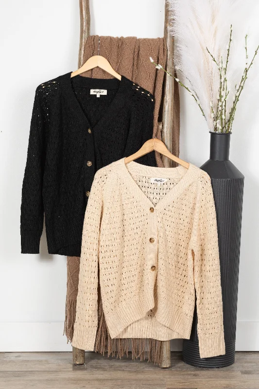 Button Down Pointelle Solid Sweater Cardigans