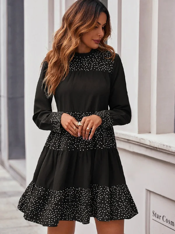 Polka Dot Ruffle Hem Long Sleeve Stand Collar Flounce High Waist Short Dress