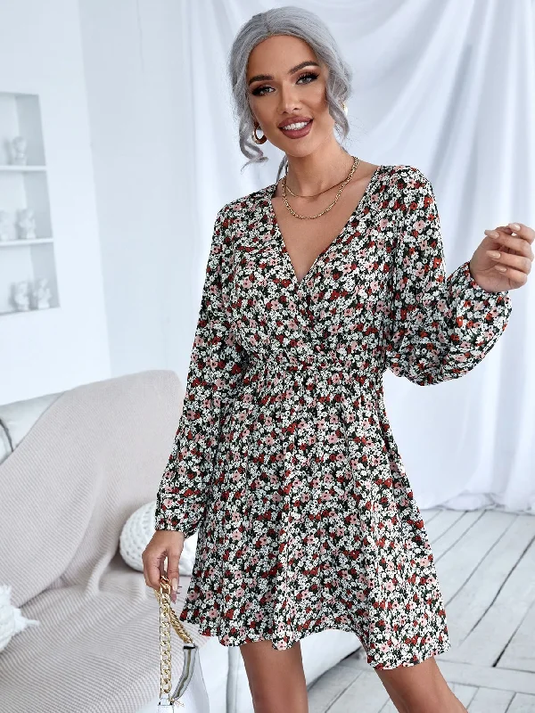 Ditsy Floral Wrap Long Sleeve V Neck Flared High Waist Short Dress