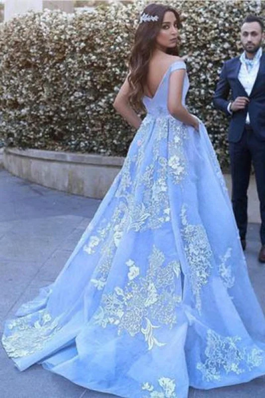 Light Blue Ball Gowns Lace Appliques Off Shoulder Wedding Dress