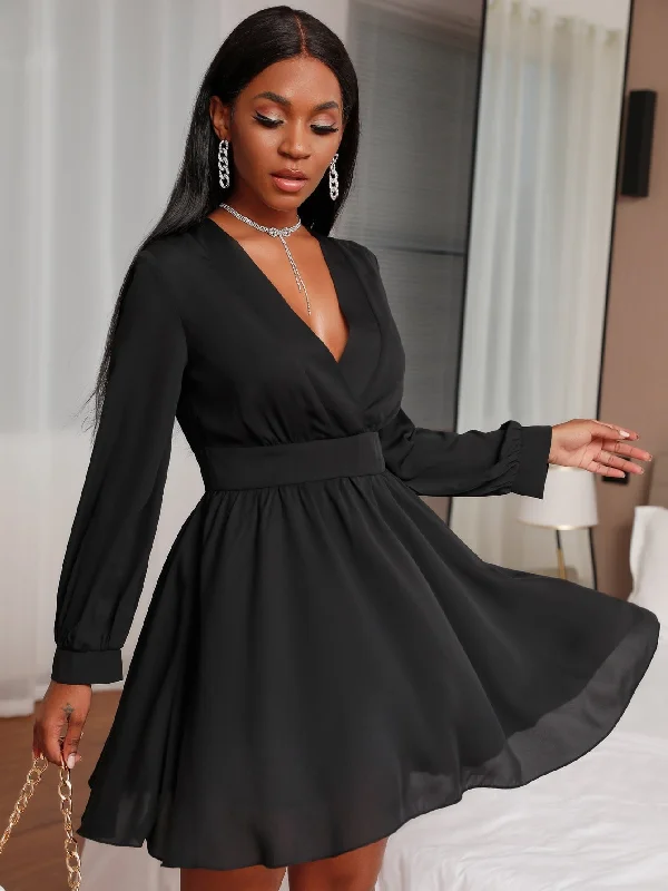 Plain Zipper Long Sleeve Deep V Neck Flared High Waist Short Dress