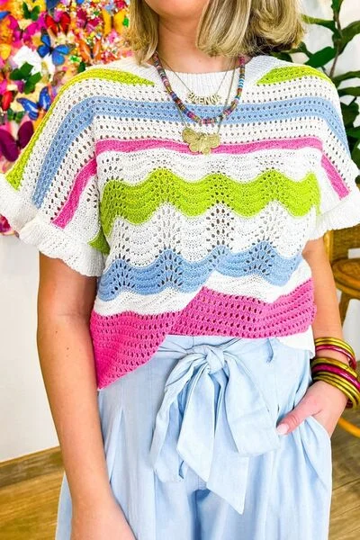 Color Block Crochet Ruffled Short Sleeve Knit Top