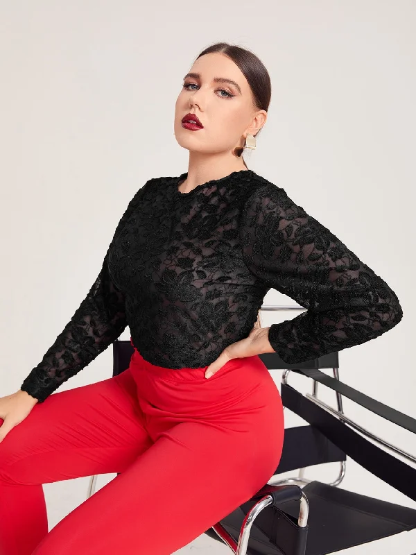 Plain Long Sleeve Round Neck Semi-Sheer Crop Plus Size Women Top