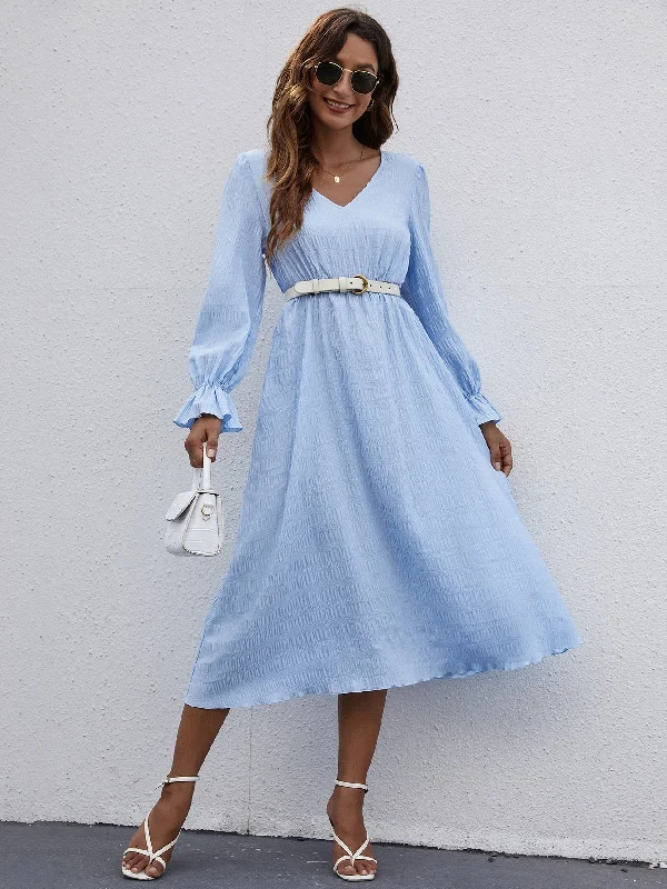 Plain Ruffle Long Sleeve V Neck Flared High Waist Long Dress