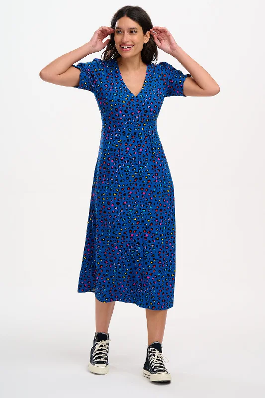 Robyn Midi Tea Dress - Light Navy, Rainbow Leopard