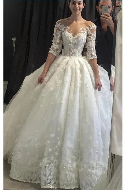 Vintage Appliqued Half Sleeve Flowers Ball Gown Luxury Tulle Wedding Dress