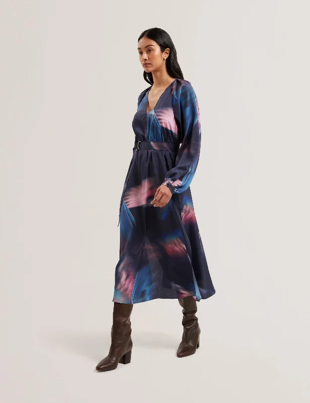 Arade Printed Belted Midi Dress Navy