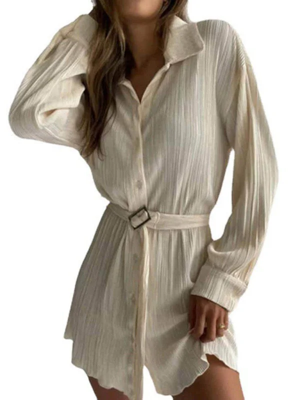 BerryBetty - Pleated Long Sleeve Belted Shirt Casual Fashion Dress