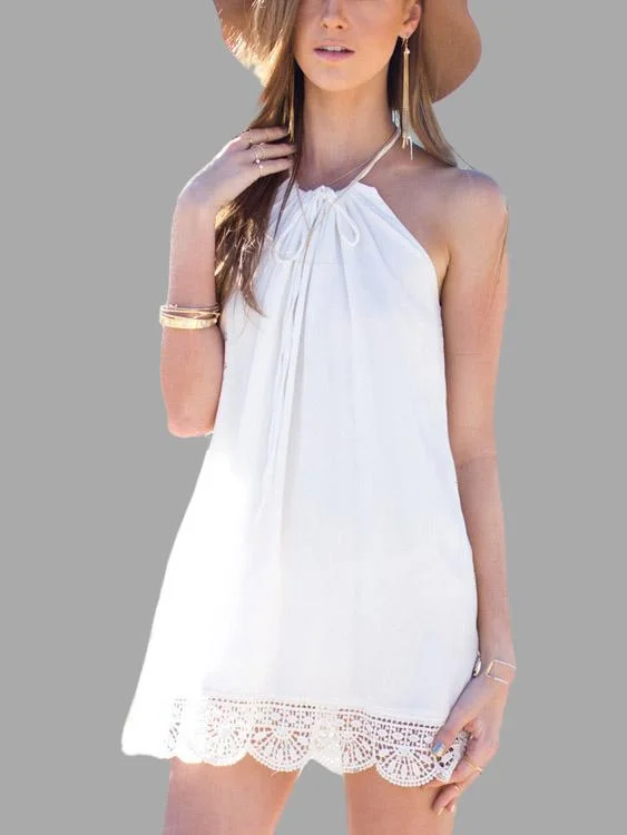 Wholesale White Halter Sleeveless Crochet Lace Embellished Backless Mini Dress