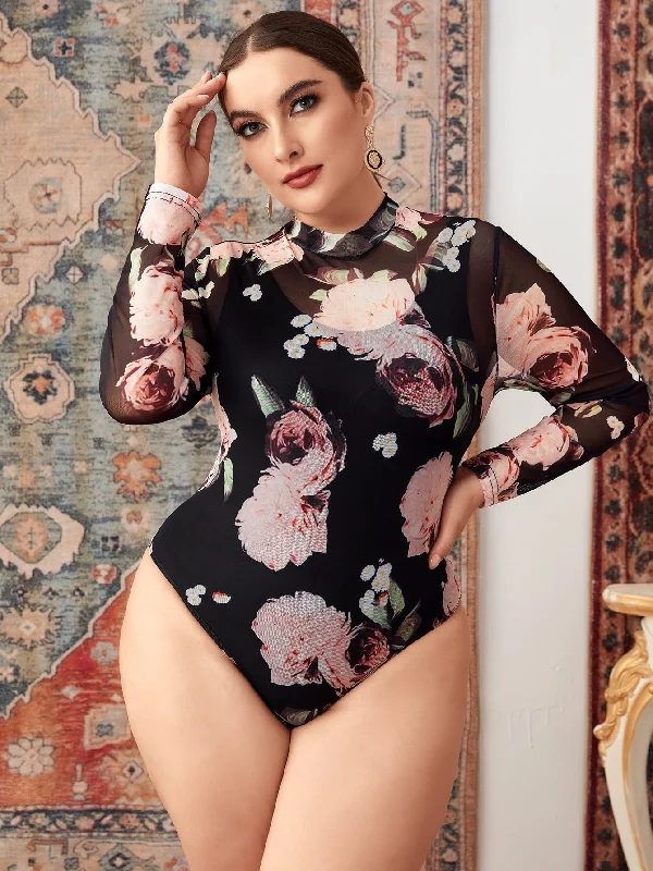 Sexy Ditsy Floral Sheer Long Sleeve Stand Collar Plus Size Bodysuit