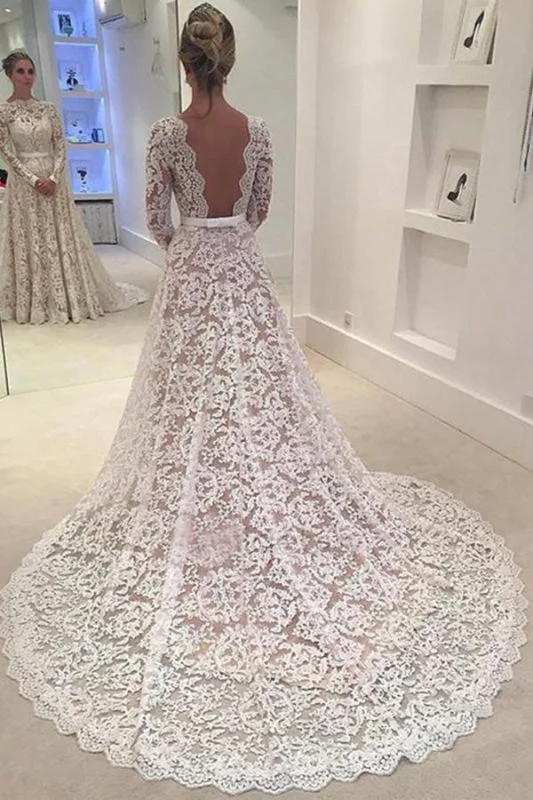 Elegant Ivory A-line Bateau Lace Long Sleeve Backless Wedding Dress