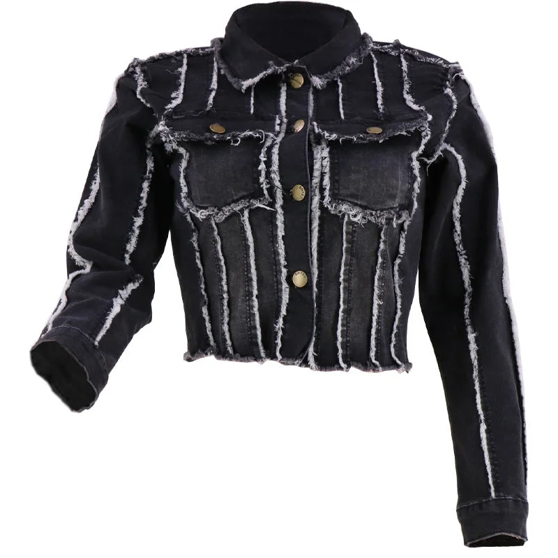 Fashion Long Sleeve Striped Single-Breasted Denim Jacket Wholesale Womens Clothing