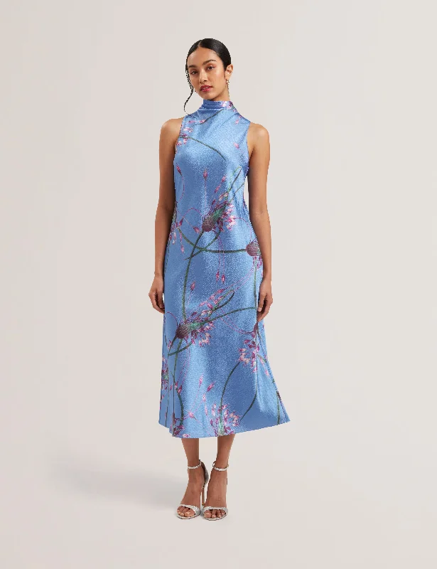 Antua Printed Cowl Neck Midi Slip Dress Lt-Blue