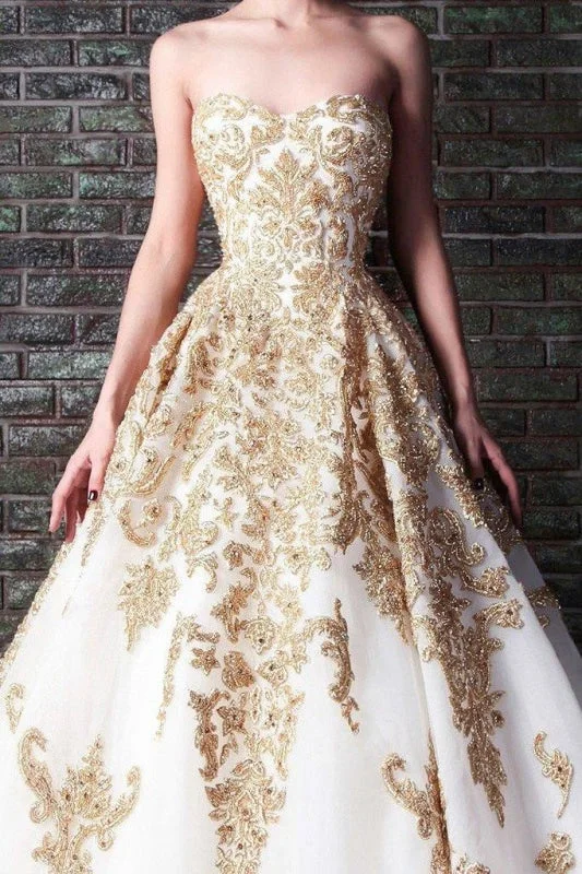 Floor Length Sweetheart Tulle Prom with Gold Beading Long Wedding Dress