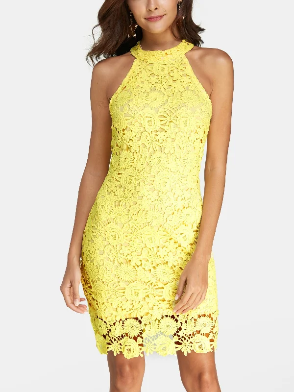 Wholesale Yellow Halter Sleeveless Lace Tiered Zip Back Hollow Mini Dress