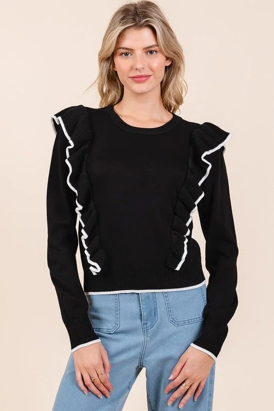 Mittoshop Contrast Trim Ruffled Round Neck Knit Top