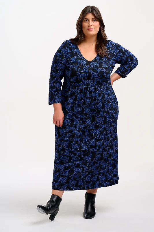 Evelyn Midi Jersey Dress - Black/Blue, Leopard Spots