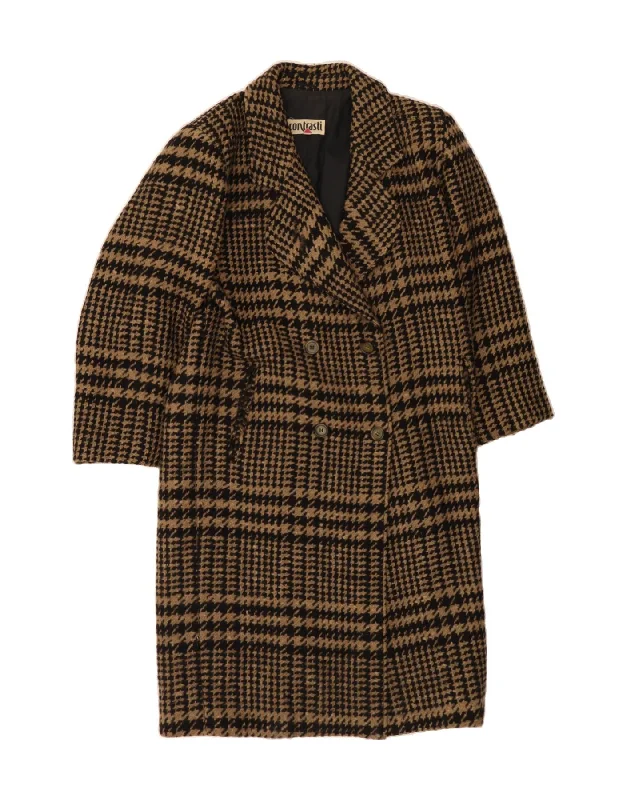 VINTAGE Womens Double Breasted Coat EU 40 Medium Brown Houndstooth