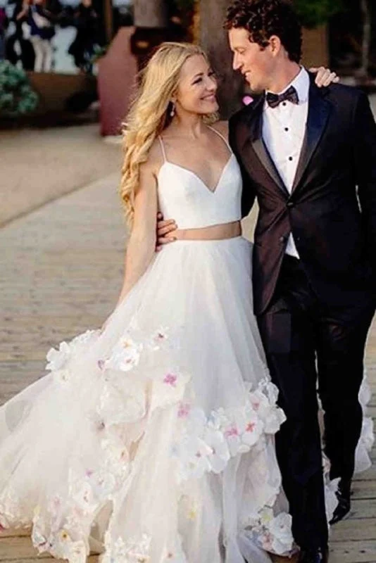 Stylish A-Line Two Piece Spaghetti Tulle Long Prom/Wedding dress with Flowers