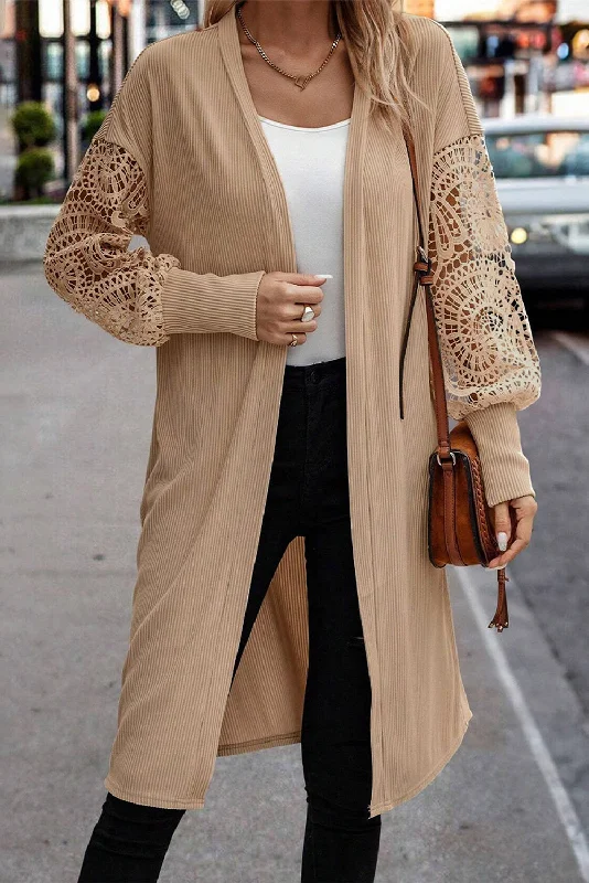 Lace Patchwork Ribbed Knit Open Front Duster Cardigan