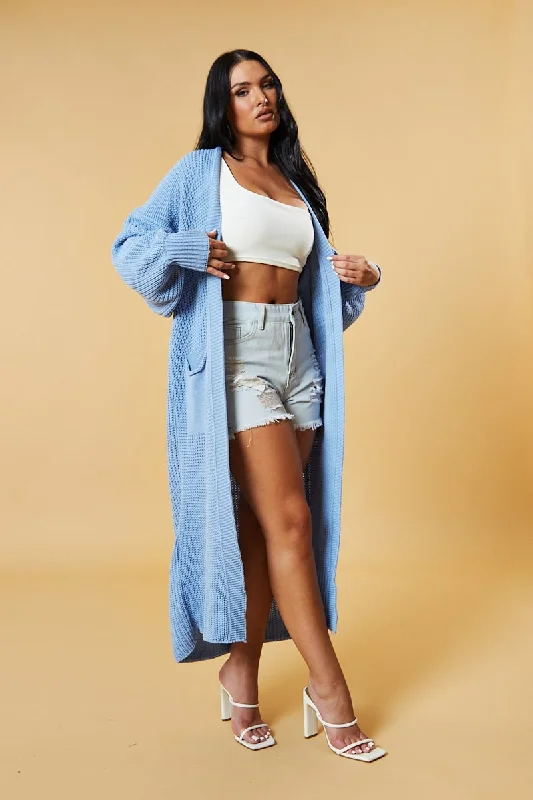 Light Blue Longline Knit  Maxi Cardigan - Ema