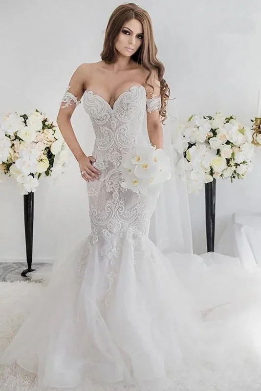 Charming Mermaid Style Off-the-Shoulder Sweep Train Lace Wedding Dress