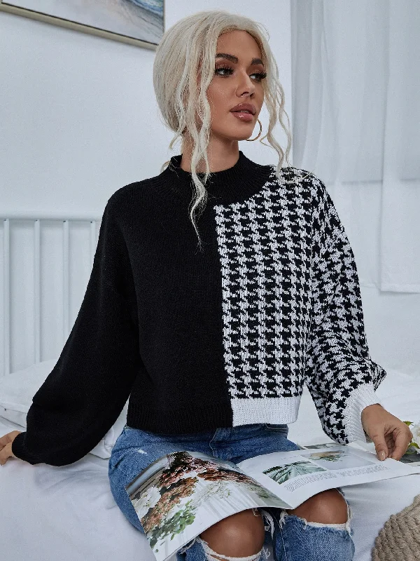 Casual Houndstooth Contrast Binding Long Sleeve Round Neck Regular Women Sweater