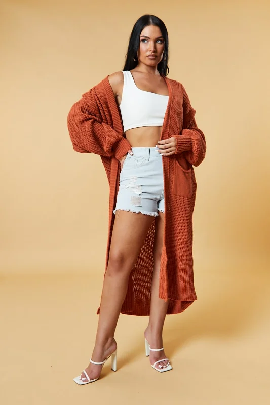 Rust Longline Knit  Maxi Cardigan - Ema