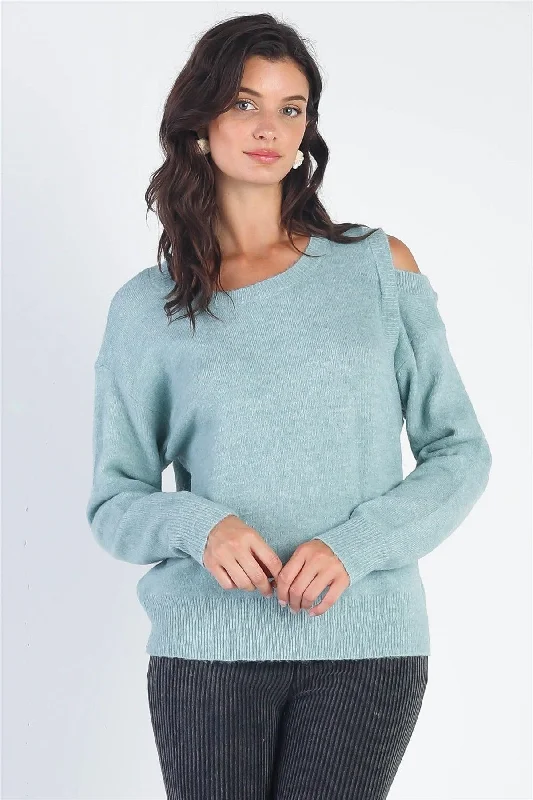 Teal Cold Shoulder Long Sleeve Knit Sweater /3-2-1