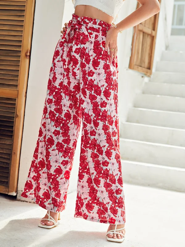 Boho All Over Print Paper Bag Waist High Waist Long Women Pants