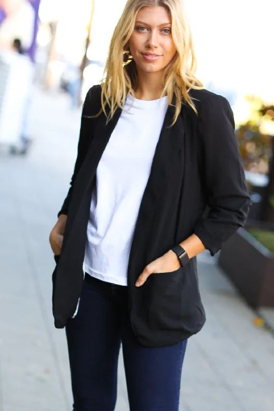 Notched Lapel Ruched Sleeve Blazer