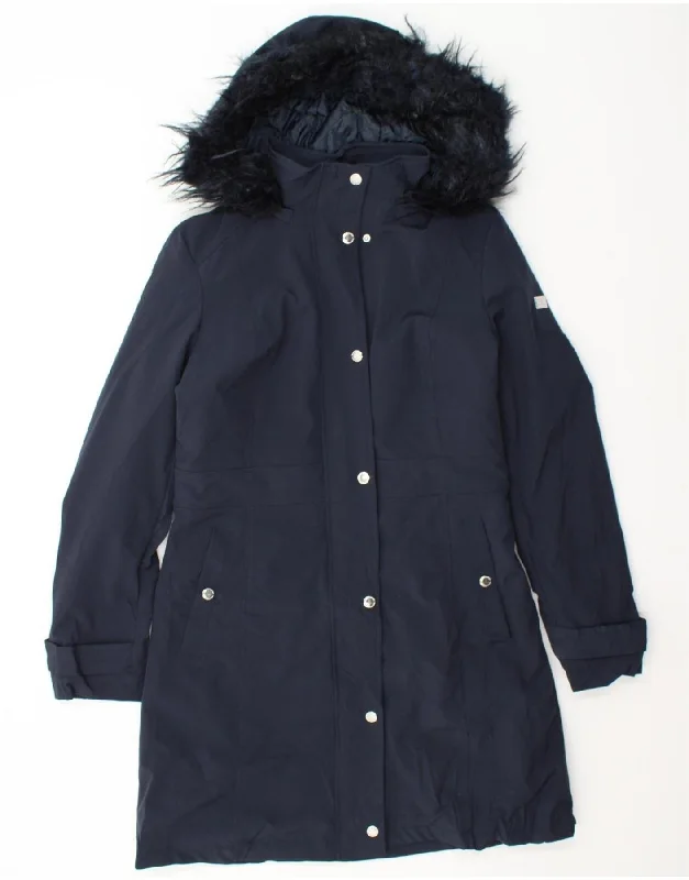 TOMMY HILFIGER Womens Hooded Overcoat UK 10 Small Navy Blue Polyester